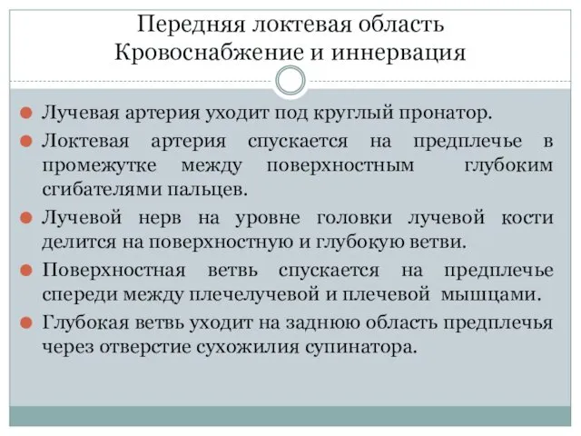 Передняя локтевая область Кровоснабжение и иннервация Лучевая артерия уходит под