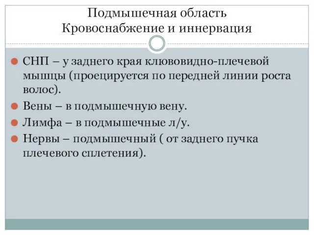 Подмышечная область Кровоснабжение и иннервация СНП – у заднего края