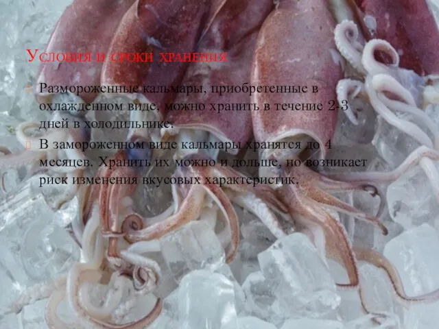 Условия и сроки хранения Размороженные кальмары, приобретенные в охлажденном виде,