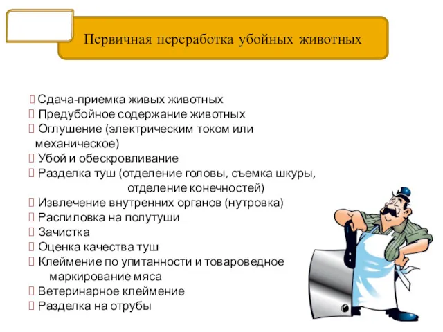 Первичная переработка убойных животных Мясо Сдача-приемка живых животных Предубойное содержание