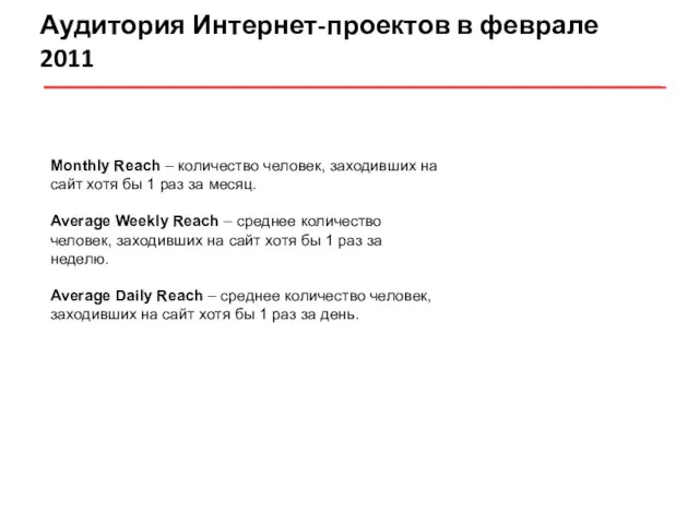 Аудитория Интернет-проектов в феврале 2011 Monthly Reach – количество человек,