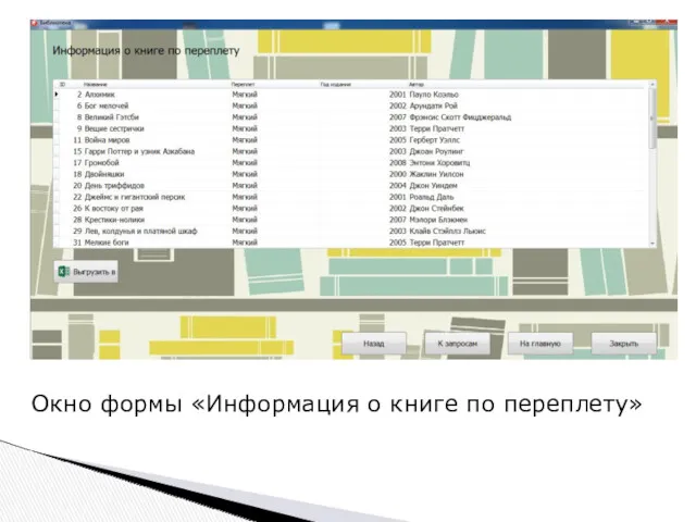 Окно формы «Информация о книге по переплету»