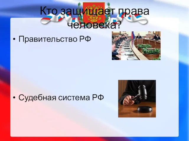 Кто защищает права человека? Правительство РФ Судебная система РФ