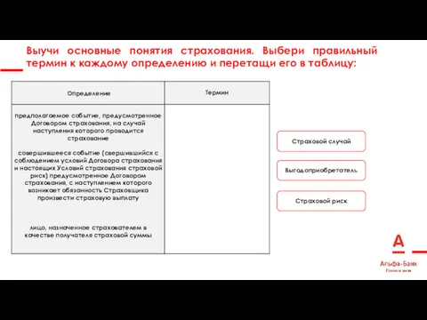 Выучи основные понятия страхования. Выбери правильный термин к каждому определению