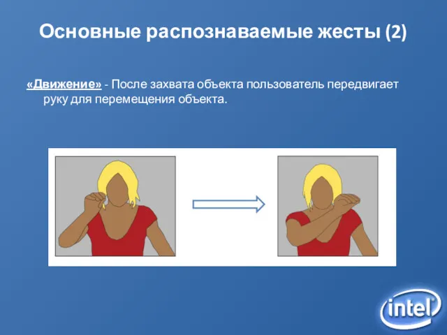 Основные распознаваемые жесты (2) «Движение» - После захвата объекта пользователь передвигает руку для перемещения объекта.