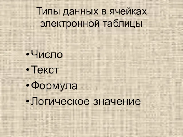 Типы данных в ячейках электронной таблицы Число Текст Формула Логическое значение