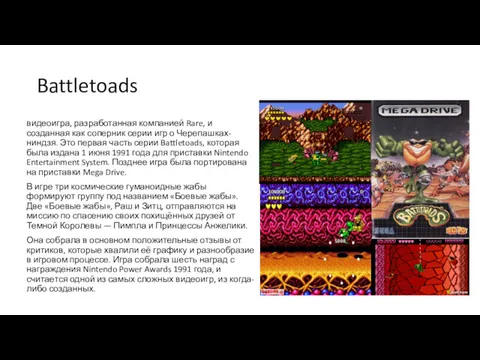 Battletoads видеоигра, разработанная компанией Rare, и созданная как соперник серии игр о Черепашках-ниндзя.