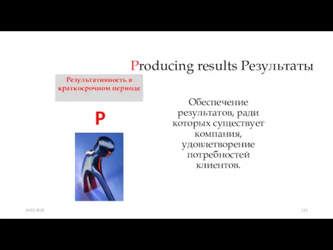 Producing results Результаты Обеспечение результатов, ради которых существует компания, удовлетворение