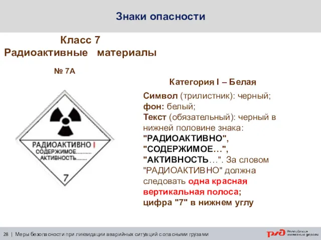 Знаки опасности Класс 7 Радиоактивные материалы № 7A 28 |