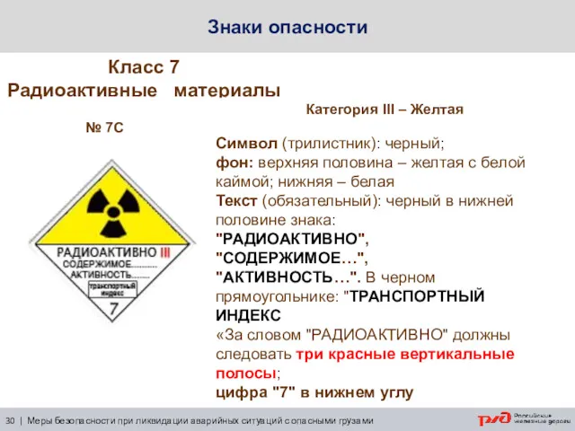 Класс 7 Радиоактивные материалы № 7С 30 | Меры безопасности