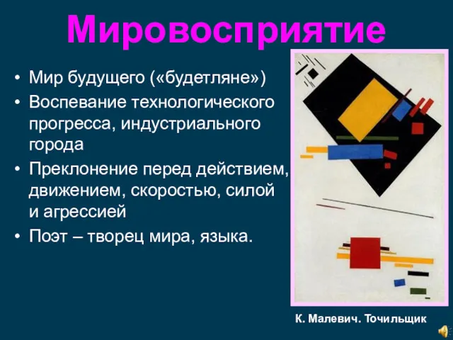 Мировосприятие Мир будущего («будетляне») Воспевание технологического прогресса, индустриального города Преклонение