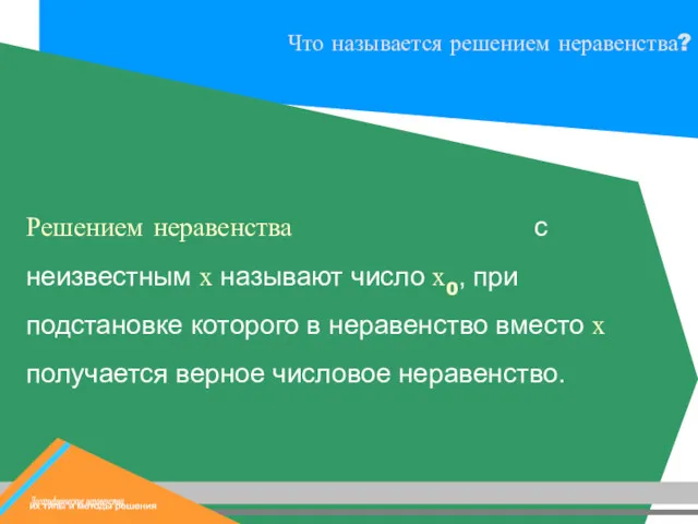 Решением неравенства с неизвестным х называют число х0, при подстановке