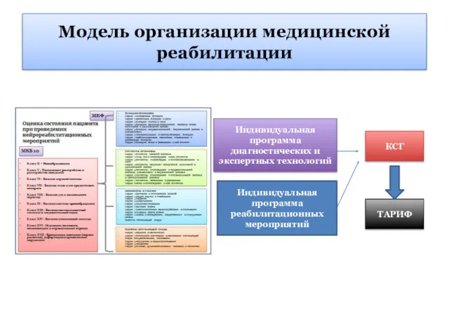 Модель организации медицинской реабилитации Индивидуальная программа диагностических и экспертных технологий Индивидуальная программа реабилитационных мероприятий КСГ ТАРИФ