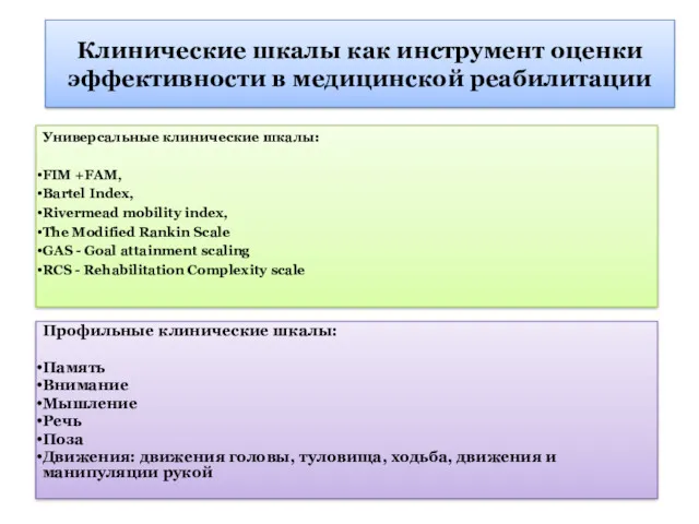 Клинические шкалы как инструмент оценки эффективности в медицинской реабилитации Универсальные