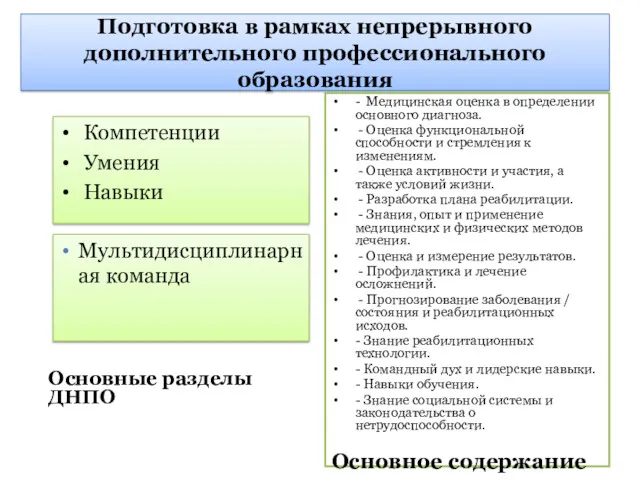 Подготовка в рамках непрерывного дополнительного профессионального образования Основные разделы ДНПО