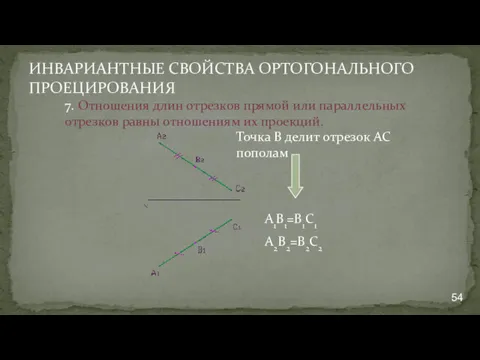 ИНВАРИАНТНЫЕ СВОЙСТВА ОРТОГОНАЛЬНОГО ПРОЕЦИРОВАНИЯ 7. Отношения длин отрезков прямой или