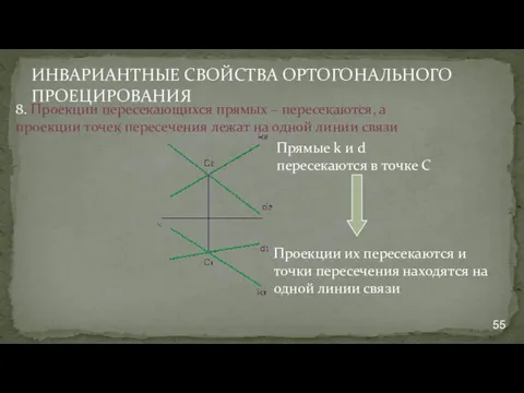 ИНВАРИАНТНЫЕ СВОЙСТВА ОРТОГОНАЛЬНОГО ПРОЕЦИРОВАНИЯ 8. Проекции пересекающихся прямых – пересекаются,