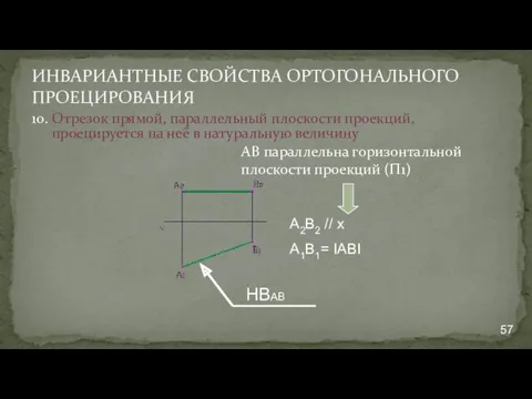 ИНВАРИАНТНЫЕ СВОЙСТВА ОРТОГОНАЛЬНОГО ПРОЕЦИРОВАНИЯ 10. Отрезок прямой, параллельный плоскости проекций,