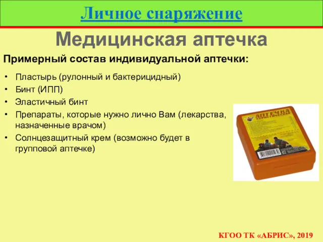 Личное снаряжение КГОО ТК «АБРИС», 2019 Медицинская аптечка Пластырь (рулонный