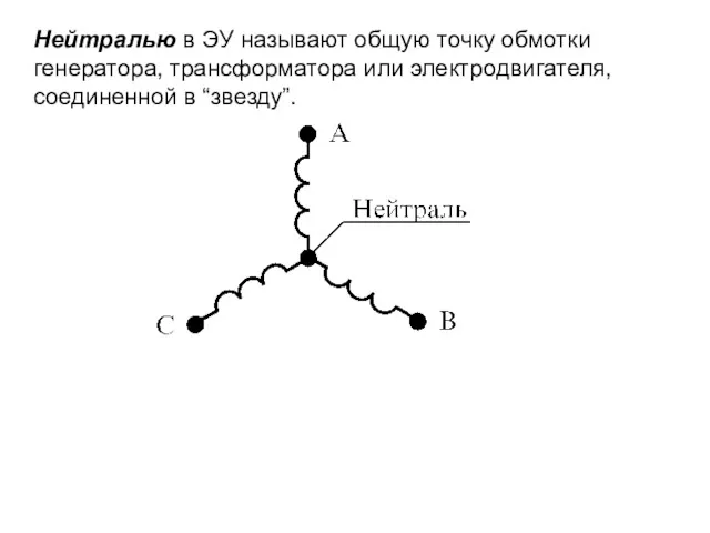 Нейтралью в ЭУ называют общую точку обмотки генератора, трансформатора или электродвигателя, соединенной в “звезду”.