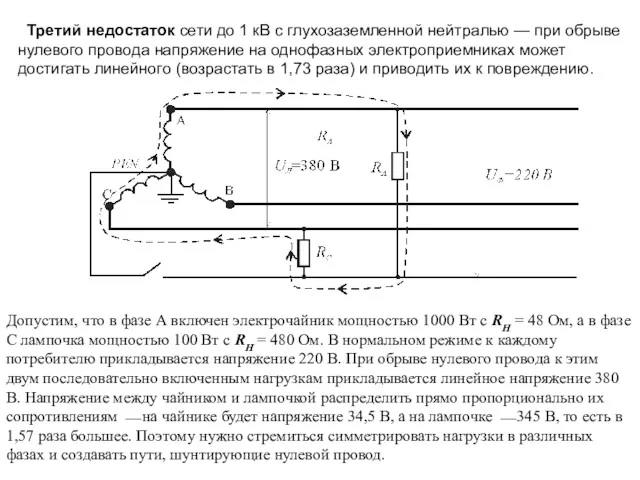 Третий недостаток сети до 1 кВ с глухозаземленной нейтралью —