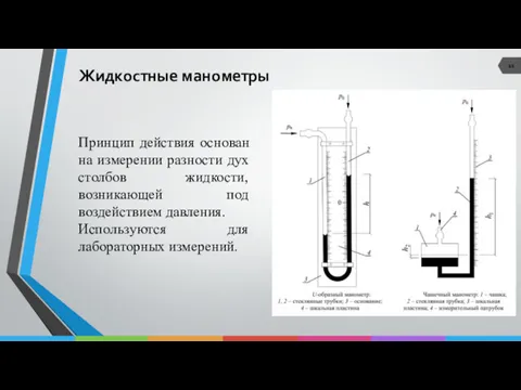 Жидкостные манометры Принцип действия основан на измерении разности дух столбов