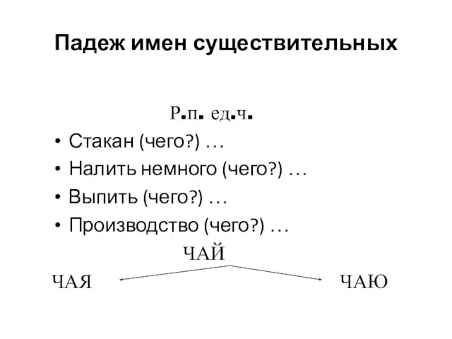 Падеж имен существительных Р.п. ед.ч. Стакан (чего?) … Налить немного