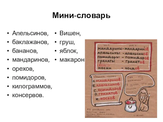 Мини-словарь Апельсинов, баклажанов, бананов, мандаринов, орехов, помидоров, килограммов, консервов. Вишен, груш, яблок, макарон.