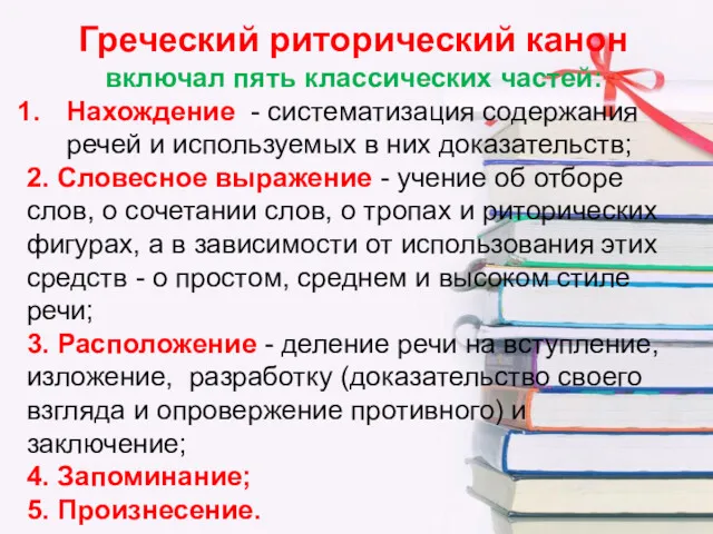 Греческий риторический канон включал пять классических частей: Нахождение - систематизация