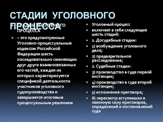 СТАДИИ УГОЛОВНОГО ПРОЦЕССА СТАДИИ УГОЛОВНОГО ПРОЦЕССА – это предусмотренные Уголовно-процессуальным кодексом Российской Федерации
