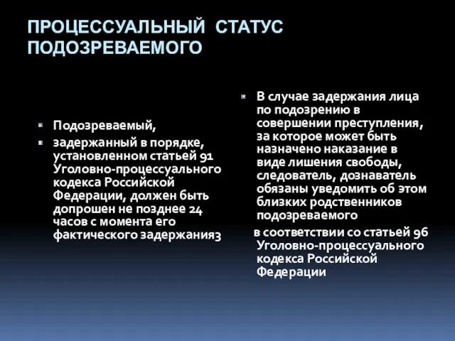 ПРОЦЕССУАЛЬНЫЙ СТАТУС ПОДОЗРЕВАЕМОГО Подозреваемый, задержанный в порядке, установленном статьей 91 Уголовно-процессуального кодекса Российской