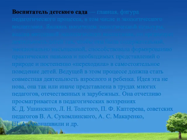 Воспитатель детского сада — главная, фигура педагогического процесса, в том числе и экологического