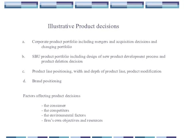 Corporate product portfolio including mergers and acquisition decisions and changing
