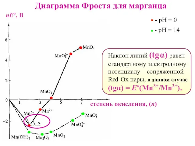 Диаграмма Фроста для марганца Наклон линий (tg α) равен стандартному электродному потенциалу сопряженной