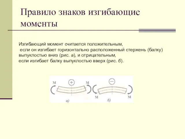 Правило знаков изгибающие моменты Изгибающий момент считается положительным, если он