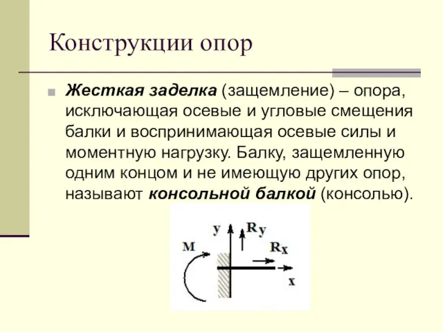 Конструкции опор Жесткая заделка (защемление) – опора, исключающая осевые и