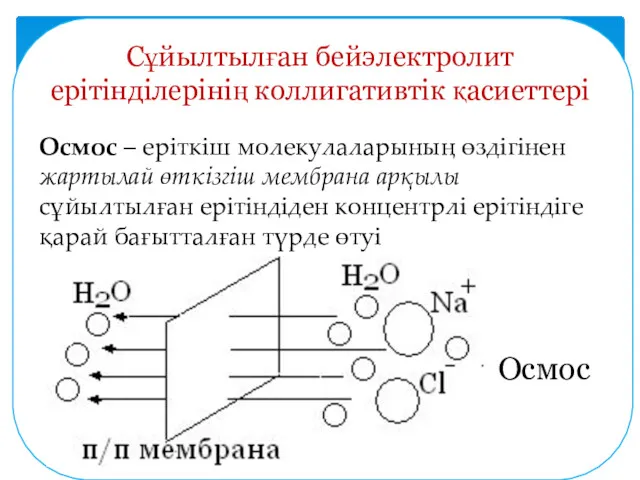 Сұйылтылған бейэлектролит ерітінділерінің коллигативтік қасиеттері Осмос – еріткіш молекулаларының өздігінен