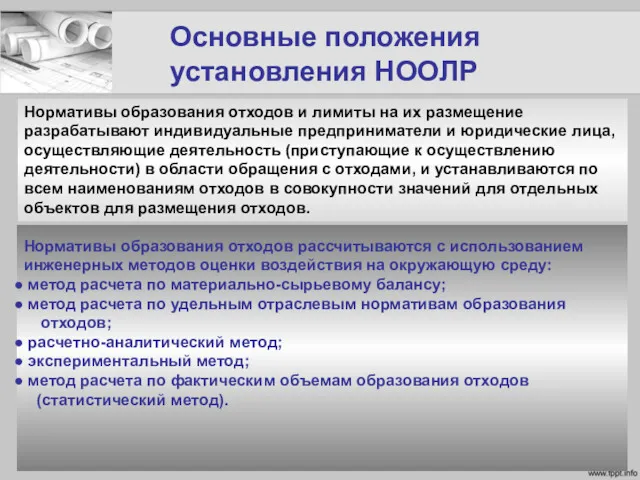 Основные положения установления НООЛР Нормативы образования отходов и лимиты на