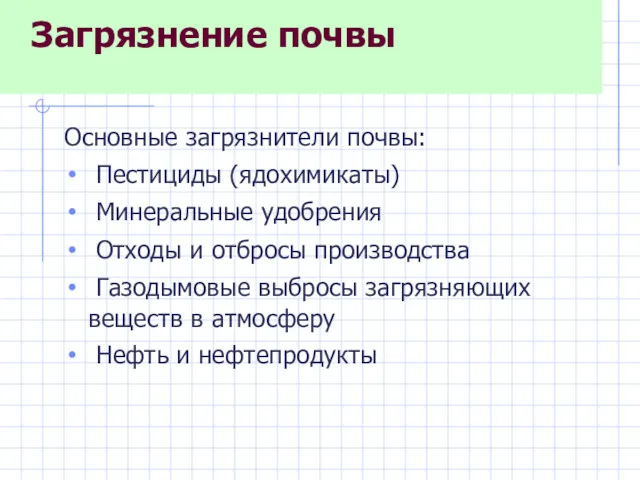 Загрязнение почвы Основные загрязнители почвы: Пестициды (ядохимикаты) Минеральные удобрения Отходы