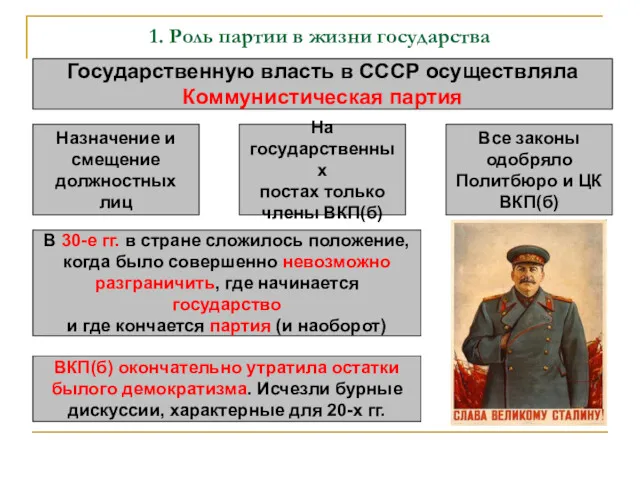 1. Роль партии в жизни государства Государственную власть в СССР