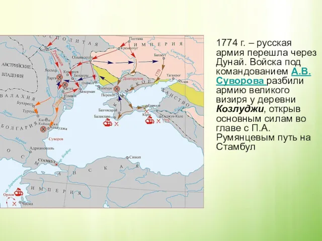 1774 г. – русская армия перешла через Дунай. Войска под командованием А.В. Суворова