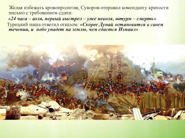 Желая избежать кровопролития, Суворов отправил коменданту крепости письмо с требованием сдачи: «24 часа