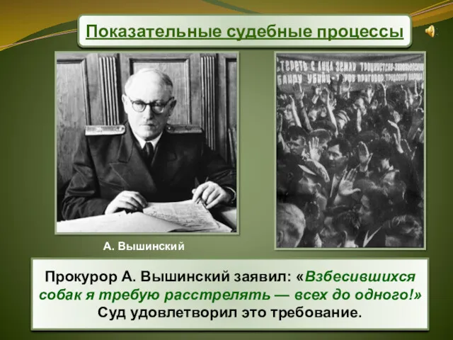 Прокурор А. Вышинский заявил: «Взбесившихся собак я требую расстрелять —