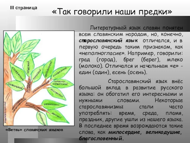 «Так говорили наши предки» III страница Литературный язык славян понятен всем славянским народам,