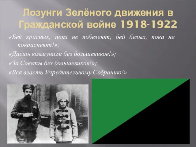 Лозунги Зелёного движения в Гражданской войне 1918-1922 «Бей красных, пока