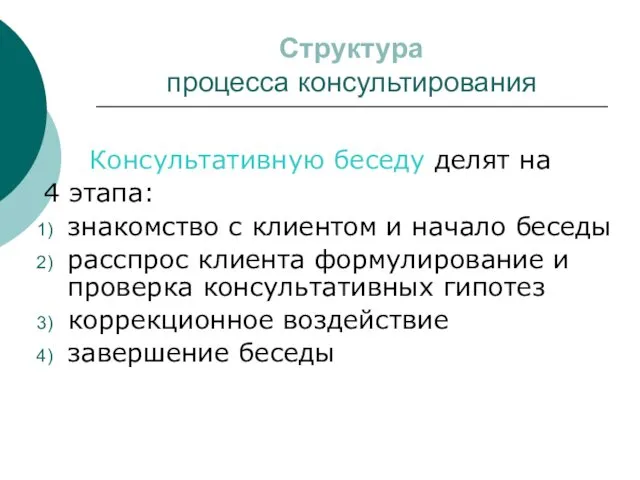 Структура процесса консультирования Консультативную беседу делят на 4 этапа: знакомство