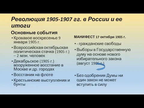 Революция 1905-1907 гг. в России и ее итоги Основные события