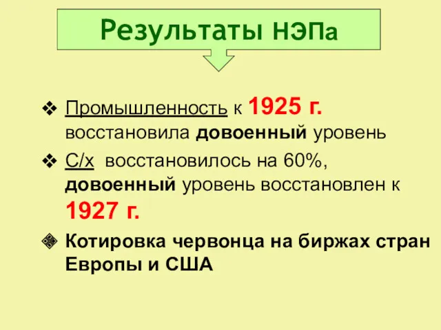 Промышленность к 1925 г. восстановила довоенный уровень С/х восстановилось на 60%, довоенный уровень