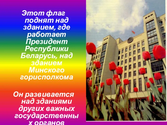 Этот флаг поднят над зданием, где работает Президент Республики Беларусь,