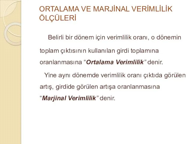 ORTALAMA VE MARJİNAL VERİMLİLİK ÖLÇÜLERİ Belirli bir dönem için verimlilik